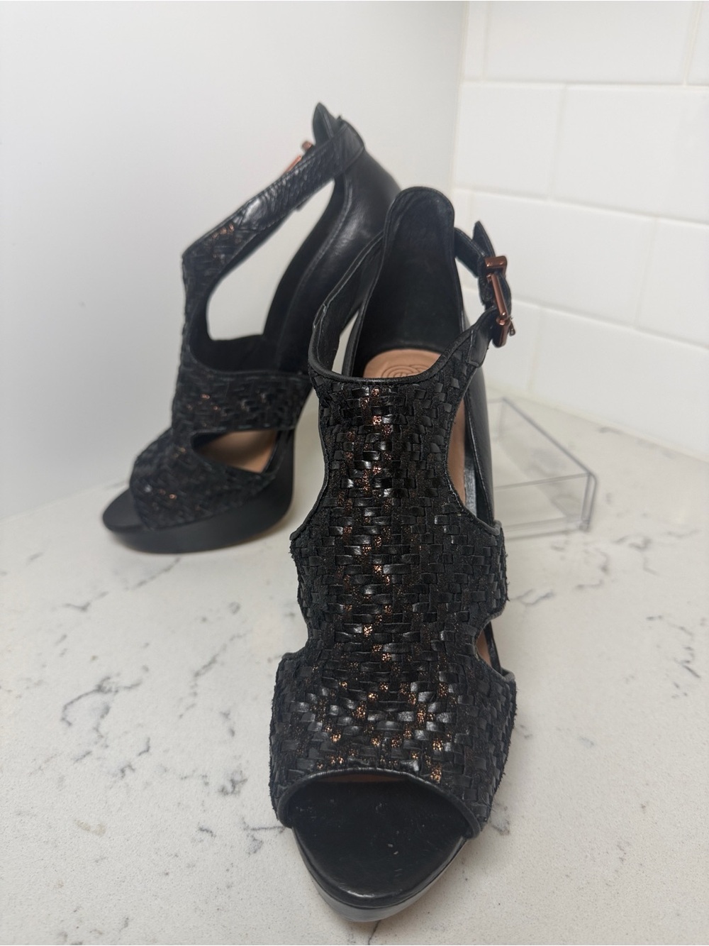 Elliott Lucca Black Woven Peep-Toe Ankle Strap Heels